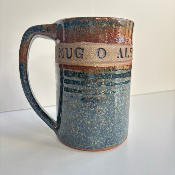 Handcrafted Large Mug-O-Ale Rustic Ceramic Blue Brown Beer Mug Textured Design - Picture 5 of 13